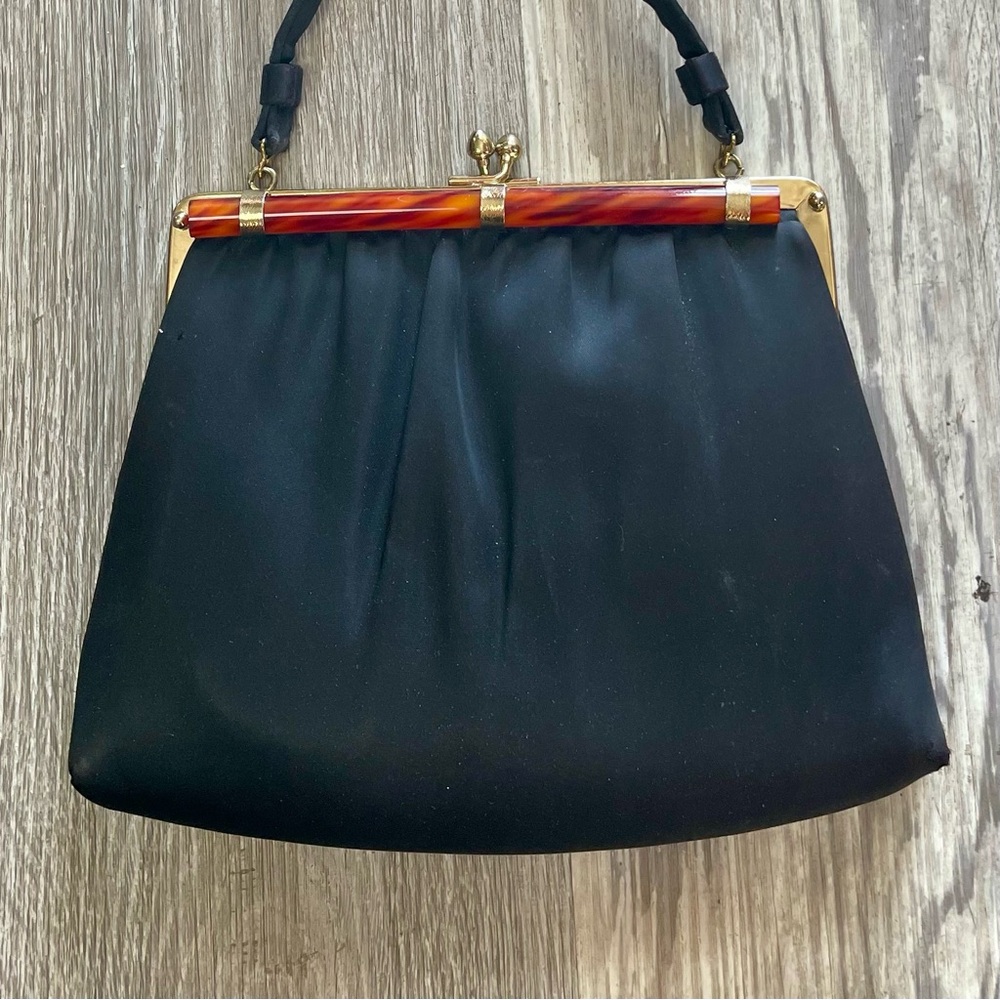 Vintage 60s Ande Black Satin Evening Bag + Tortoise Shell Style Clasp Purse - Picture 3 of 16
